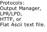 Protocols: Output Manager, LPR/LPD, HTTP, or Flat Ascii text file.