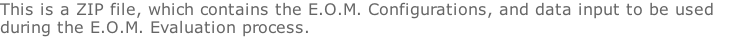 This is a ZIP file, which contains the E.O.M. Configurations, and data input to be used during the E.O.M. Evaluation process.